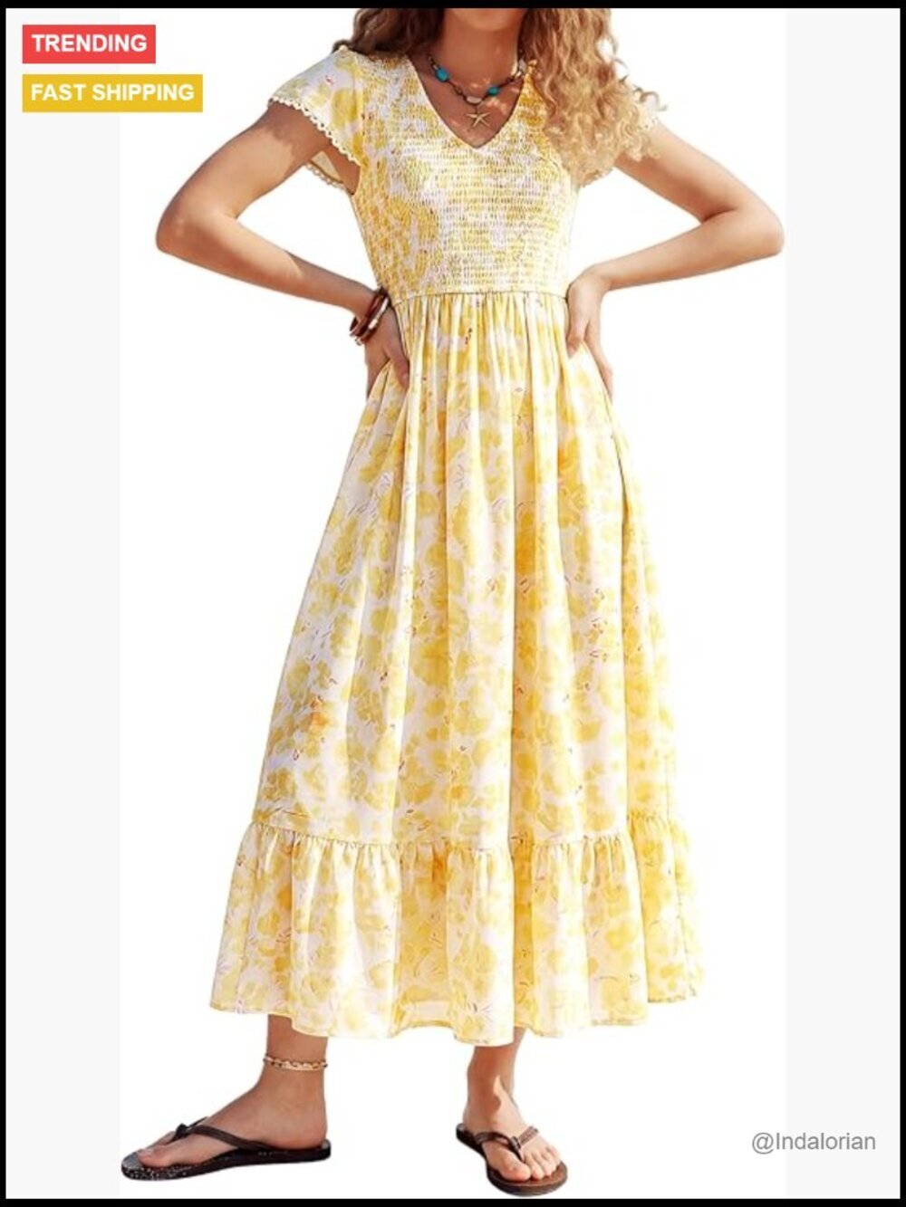 V Neck Smocked Boho Maxi Sundress with Pockets Flowy Beach Vacation Dress